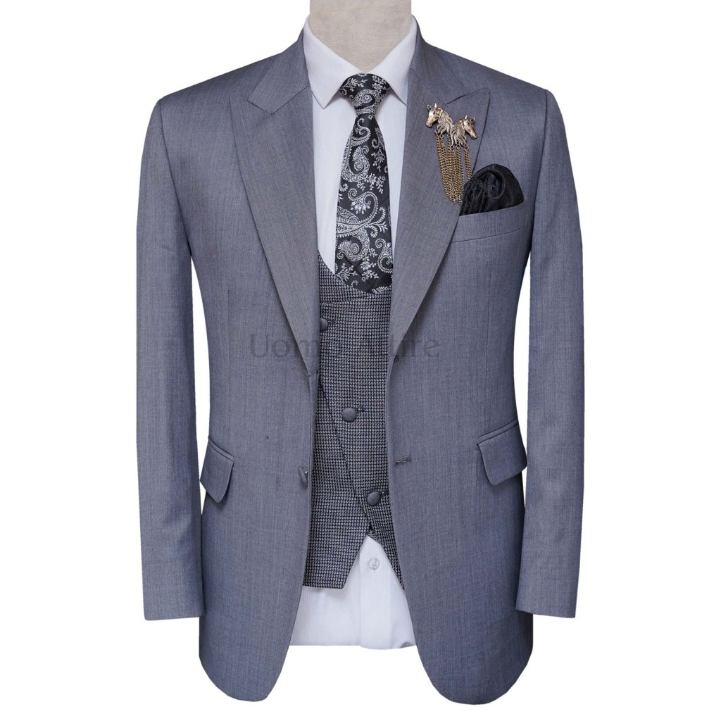 A sophisticated Italian cut light grey 3-piece suit, featuring a mini check vest.