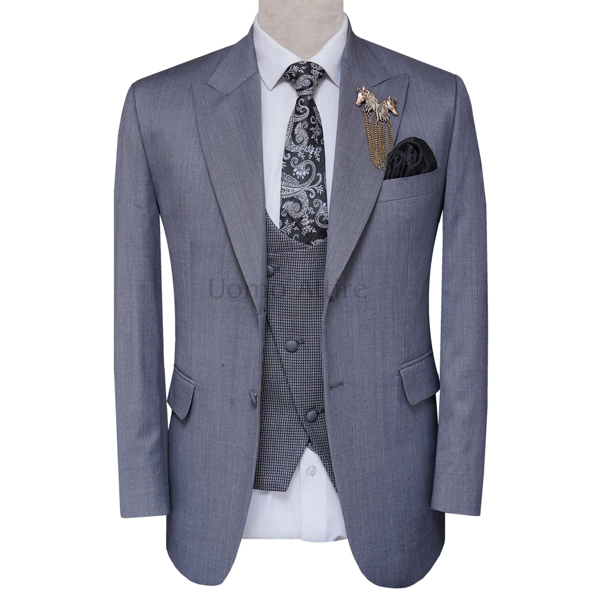 Italian Cut Light Grey 3 Piece Suit with Mini Check Vest